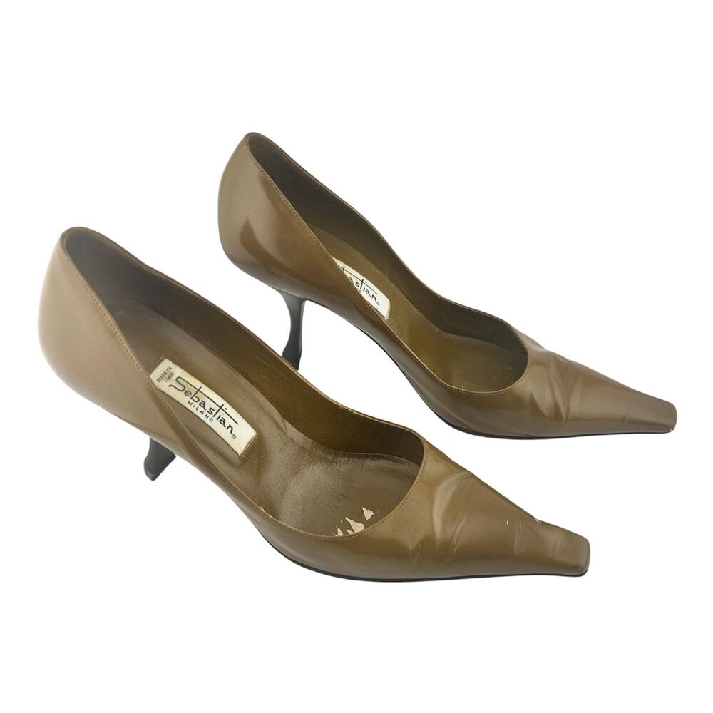 Vintage Y2K Olive Tan Toffee Italian Pointed Pumps Sebastian Milano 37.5 US: 7.5